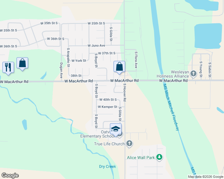 map of restaurants, bars, coffee shops, grocery stores, and more near 4036 Gilda Court in Wichita