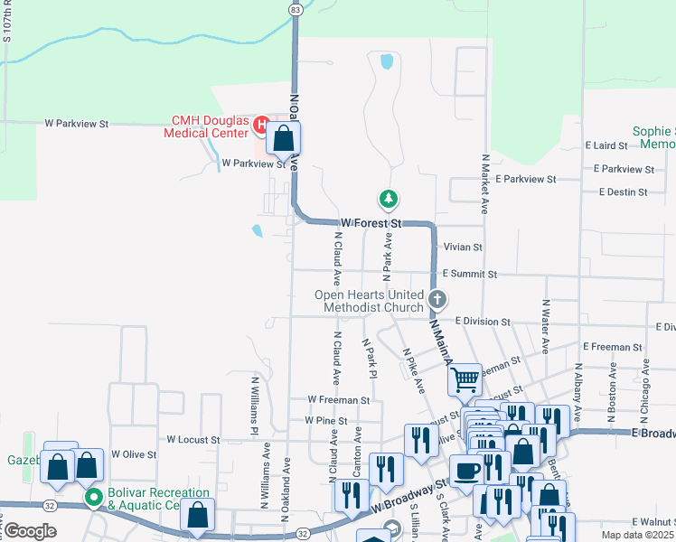 map of restaurants, bars, coffee shops, grocery stores, and more near 898 N Claud Ave in Bolivar