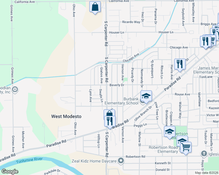 map of restaurants, bars, coffee shops, grocery stores, and more near 1505 Victoria Drive in Modesto