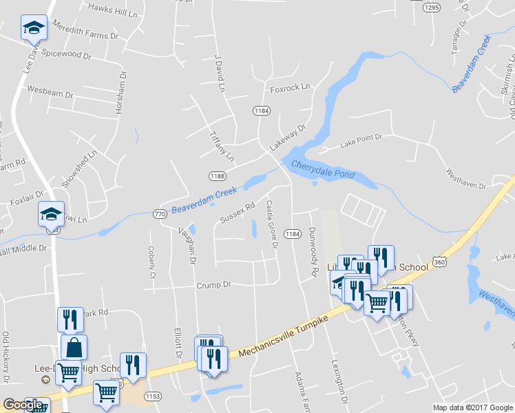 map of restaurants, bars, coffee shops, grocery stores, and more near 8086 Sussex Road in Mechanicsville