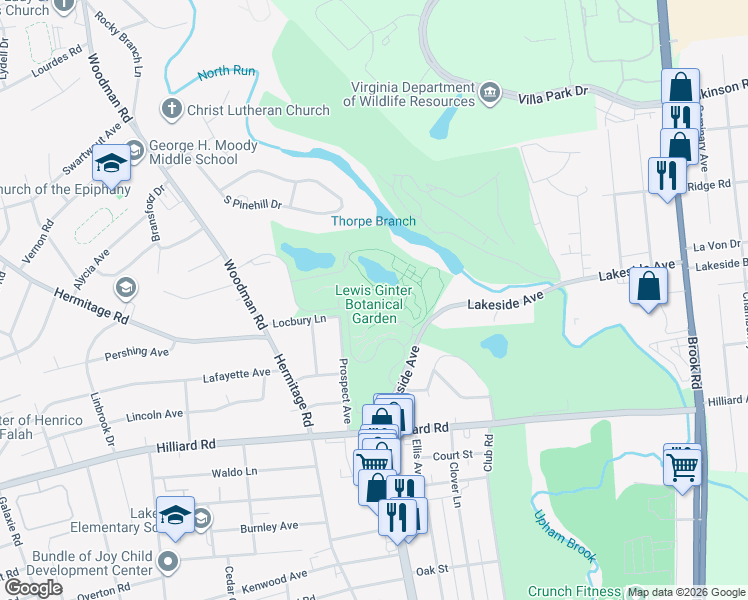 map of restaurants, bars, coffee shops, grocery stores, and more near 1800 Lakeside Avenue in Henrico