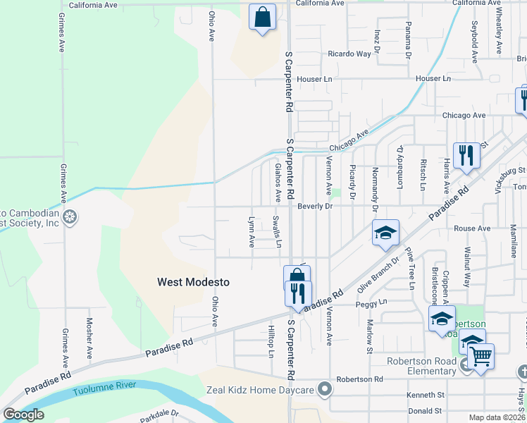 map of restaurants, bars, coffee shops, grocery stores, and more near 1612 Beverly Drive in Modesto