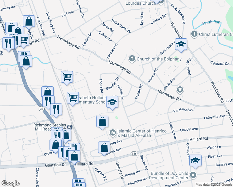map of restaurants, bars, coffee shops, grocery stores, and more near 7112 Galax Road in Richmond