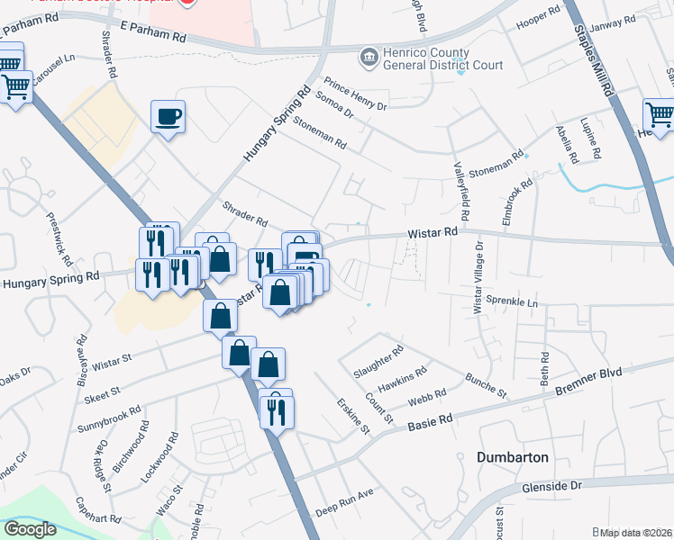 map of restaurants, bars, coffee shops, grocery stores, and more near 4646 Wistar Creek Drive in Henrico