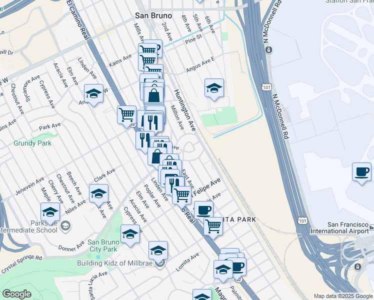 map of restaurants, bars, coffee shops, grocery stores, and more near 296 Terrace Avenue in San Bruno
