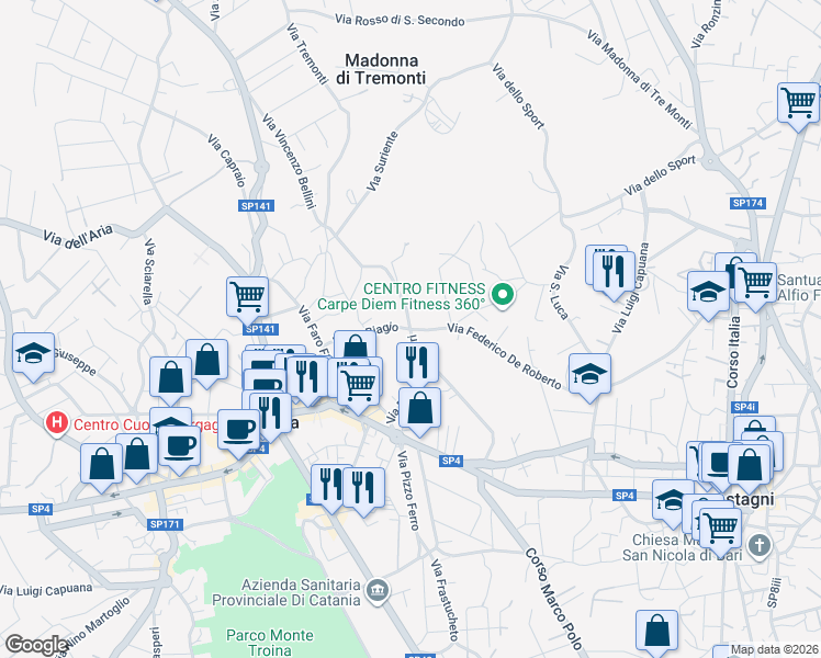 map of restaurants, bars, coffee shops, grocery stores, and more near 106 Via San Biagio in Pedara