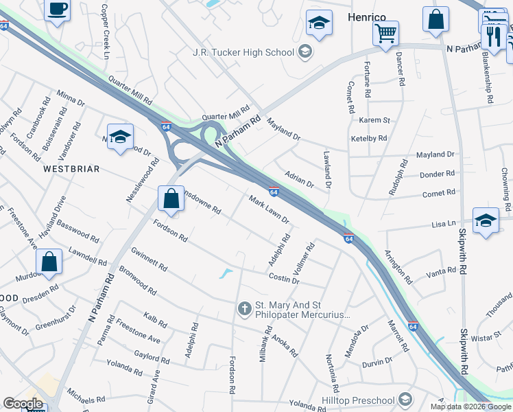 map of restaurants, bars, coffee shops, grocery stores, and more near 8323 Mark Lawn Drive in Richmond