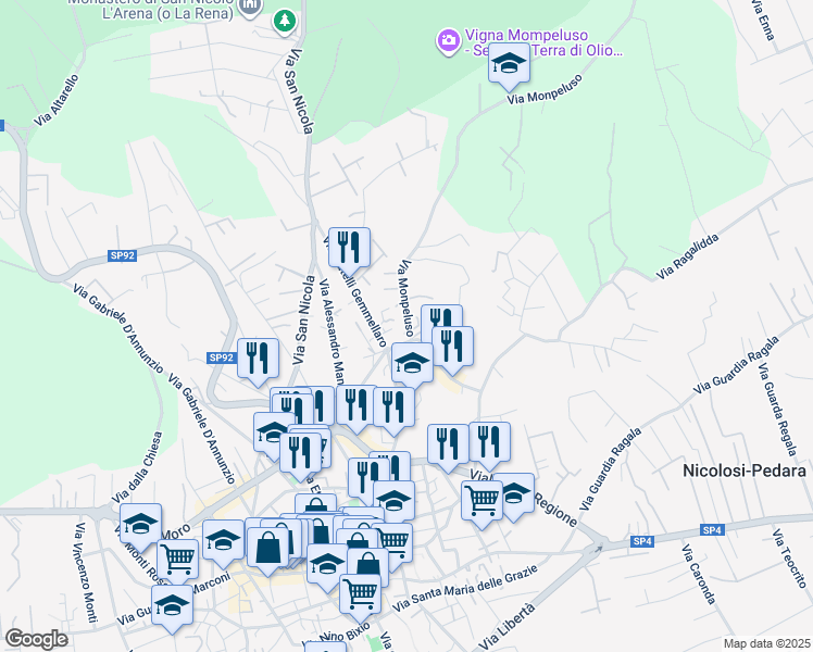 map of restaurants, bars, coffee shops, grocery stores, and more near 15 Via Monpeluso in Nicolosi