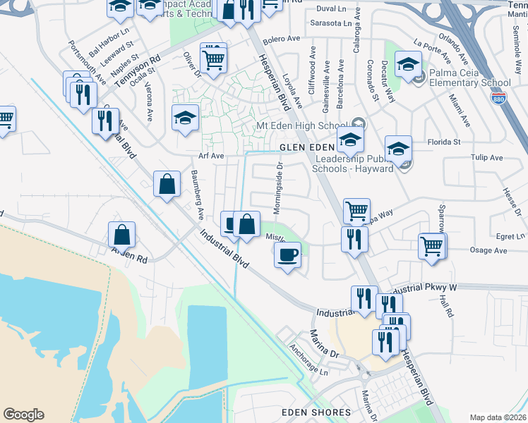 map of restaurants, bars, coffee shops, grocery stores, and more near 2492 Constellation Dr in Hayward