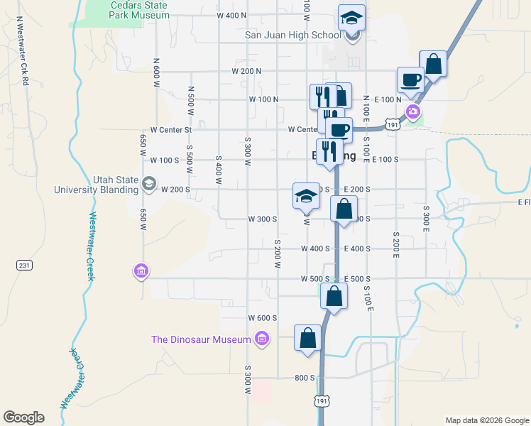 map of restaurants, bars, coffee shops, grocery stores, and more near 240 West 300 South in Blanding