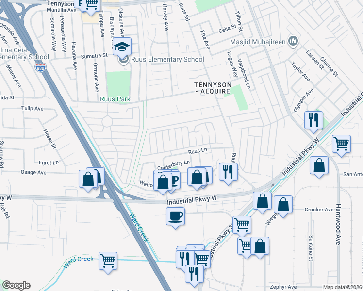 map of restaurants, bars, coffee shops, grocery stores, and more near 29042 Windemere Road in Hayward