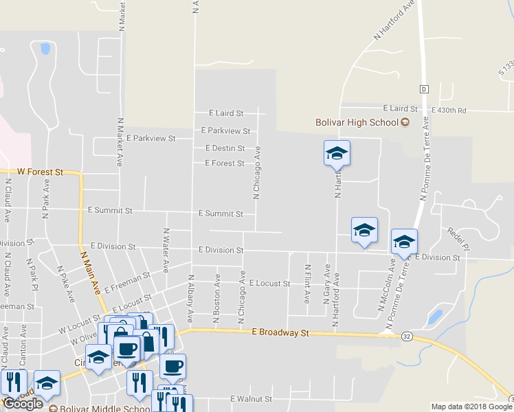 map of restaurants, bars, coffee shops, grocery stores, and more near 920 North Chicago Avenue in Bolivar