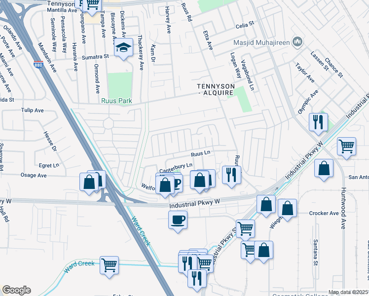 map of restaurants, bars, coffee shops, grocery stores, and more near 29043 Windemere Road in Hayward