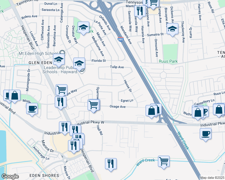 map of restaurants, bars, coffee shops, grocery stores, and more near 1925 Lilac Avenue in Hayward
