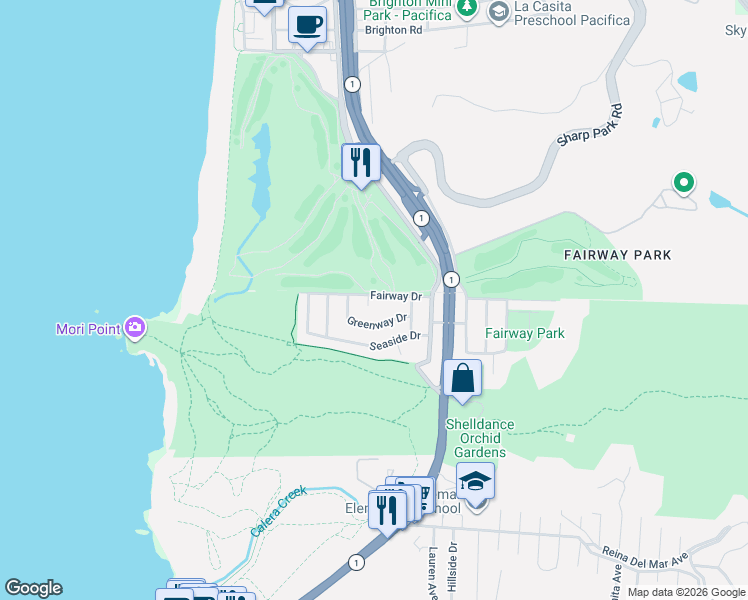 map of restaurants, bars, coffee shops, grocery stores, and more near 332 Fairway Drive in Pacifica