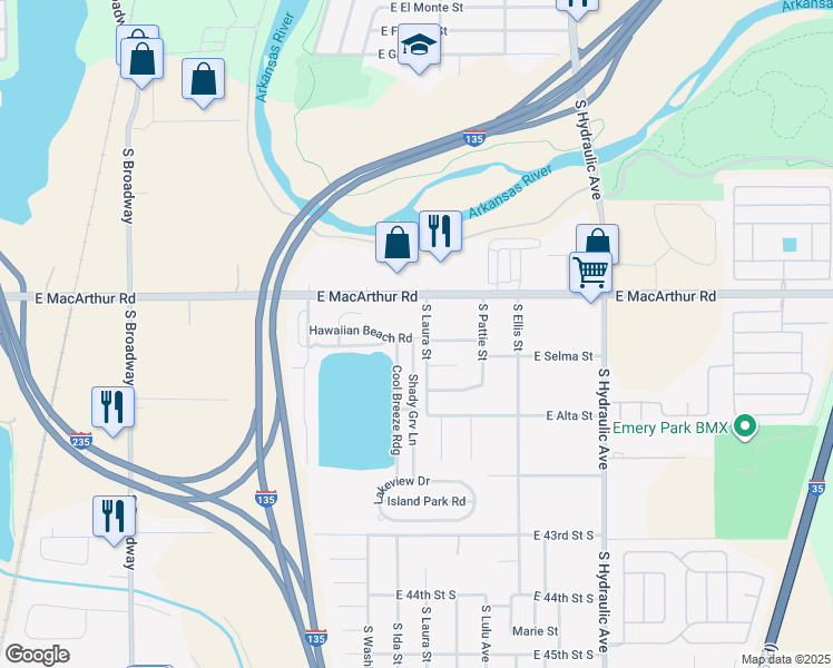 map of restaurants, bars, coffee shops, grocery stores, and more near 55 Hawaiian Beach Road in Wichita