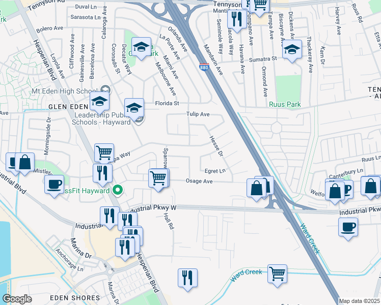 map of restaurants, bars, coffee shops, grocery stores, and more near 1925 Lilac Avenue in Hayward