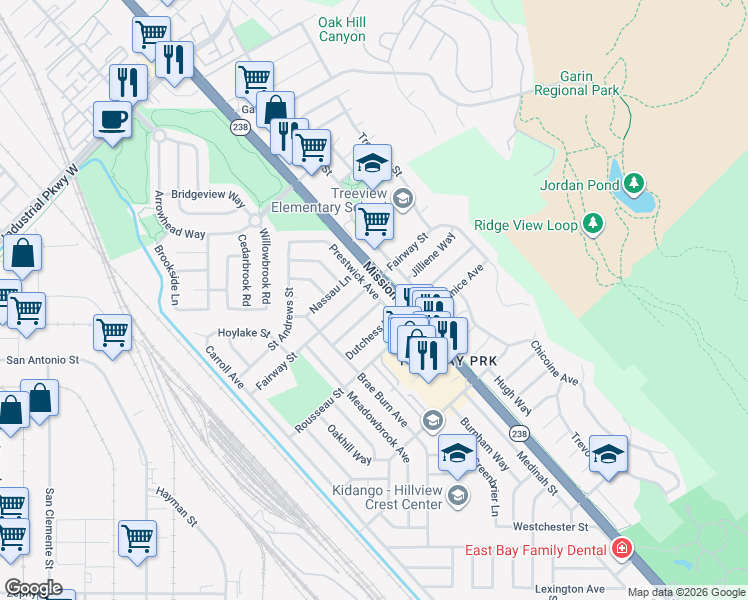 map of restaurants, bars, coffee shops, grocery stores, and more near 30713 Prestwick Avenue in Hayward
