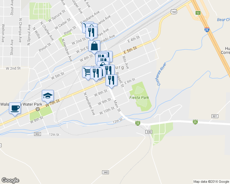 map of restaurants, bars, coffee shops, grocery stores, and more near 822 Main St in Walsenburg