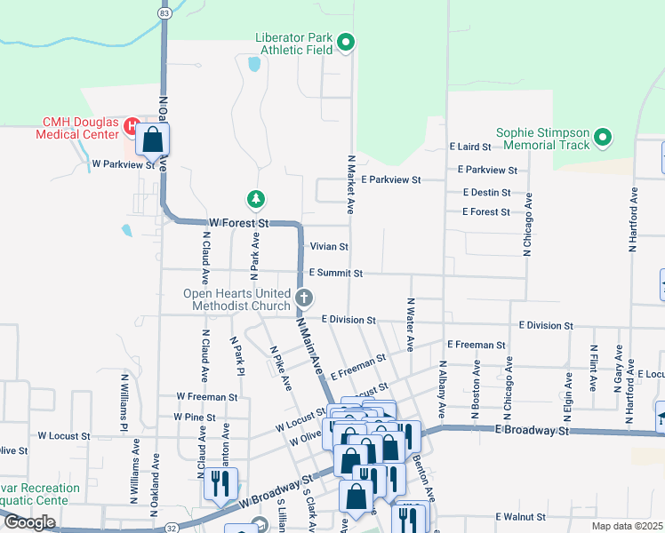 map of restaurants, bars, coffee shops, grocery stores, and more near 223 East Summit Street in Bolivar
