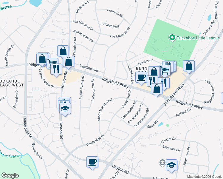 map of restaurants, bars, coffee shops, grocery stores, and more near 2004 Ridge Stone Court in Richmond