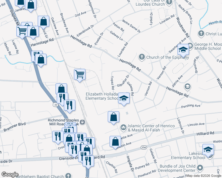 map of restaurants, bars, coffee shops, grocery stores, and more near 7806 Topaz Road in Richmond