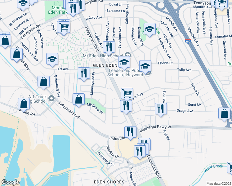 map of restaurants, bars, coffee shops, grocery stores, and more near 2349 Cabrillo Drive in Hayward