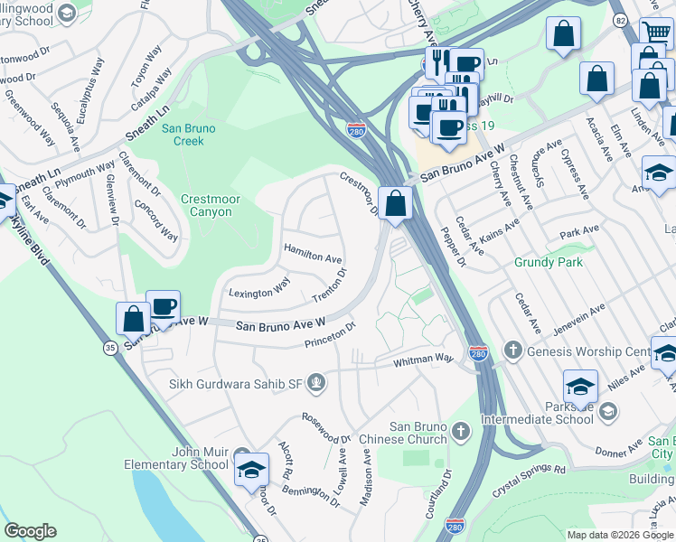 map of restaurants, bars, coffee shops, grocery stores, and more near 2410 Trenton Drive in San Bruno