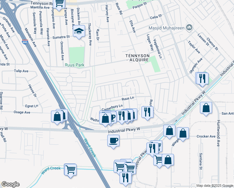 map of restaurants, bars, coffee shops, grocery stores, and more near 29043 Windemere Road in Hayward