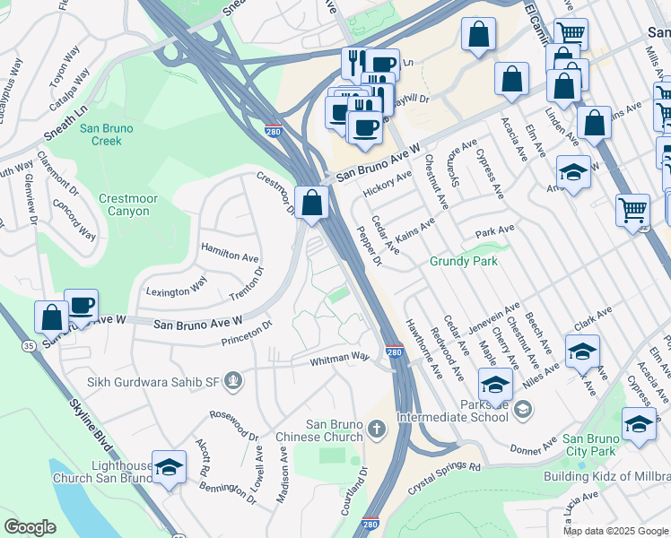 map of restaurants, bars, coffee shops, grocery stores, and more near 2355 Shelter Creek Lane in San Bruno