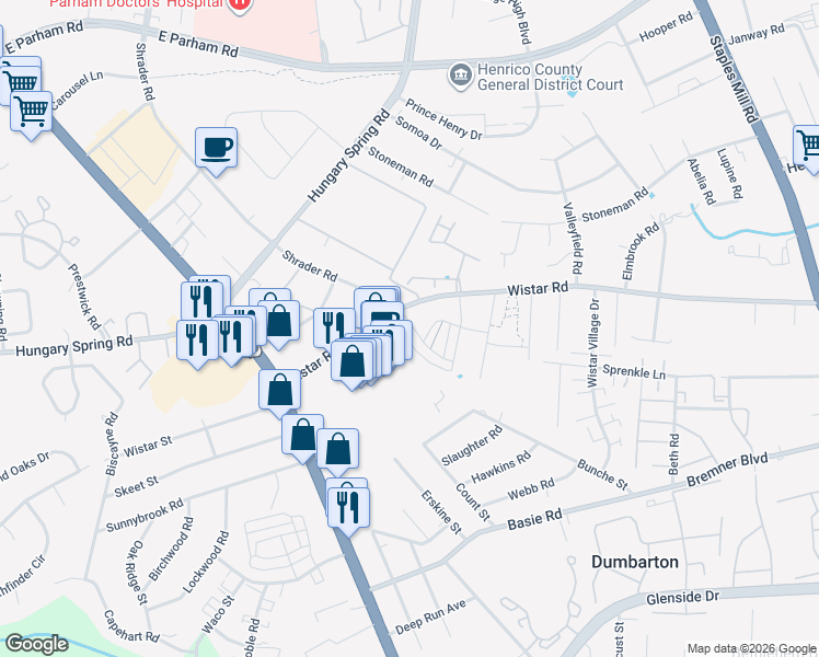map of restaurants, bars, coffee shops, grocery stores, and more near 4646 Wistar Creek Drive in Henrico
