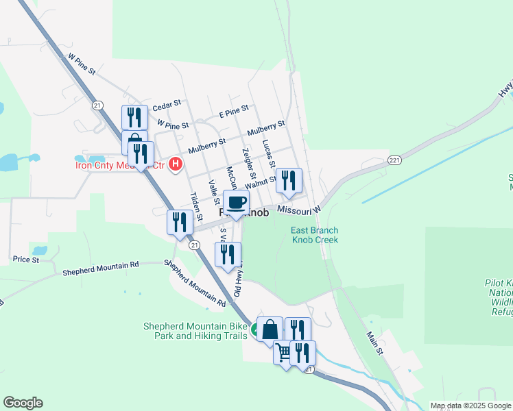 map of restaurants, bars, coffee shops, grocery stores, and more near 115 South Ziegler Street in Pilot Knob