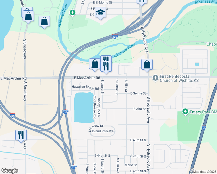 map of restaurants, bars, coffee shops, grocery stores, and more near 1302 East Selma Street in Wichita