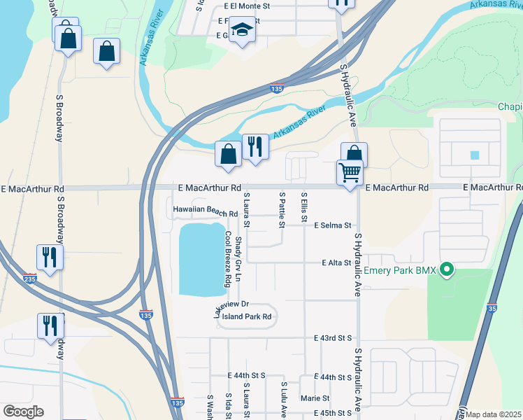 map of restaurants, bars, coffee shops, grocery stores, and more near 1302 East Selma Street in Wichita