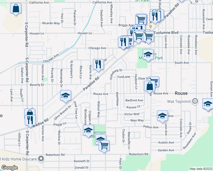 map of restaurants, bars, coffee shops, grocery stores, and more near 1738 Holcombe Way in Modesto