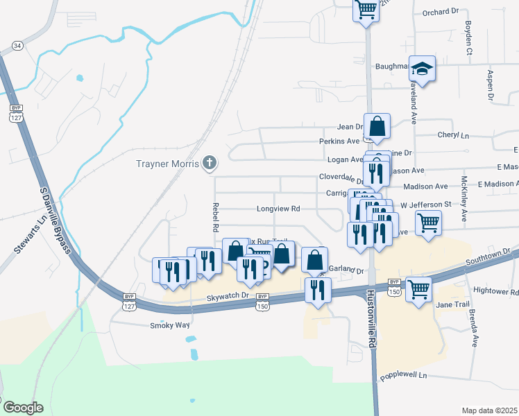 map of restaurants, bars, coffee shops, grocery stores, and more near 609 Longview Road in Danville