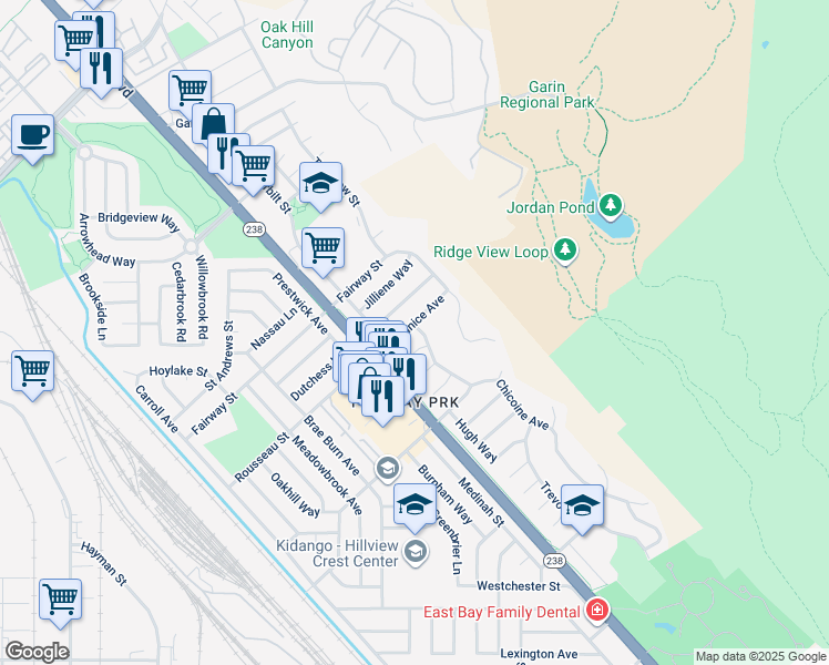 map of restaurants, bars, coffee shops, grocery stores, and more near 31005 Chicoine Avenue in Hayward