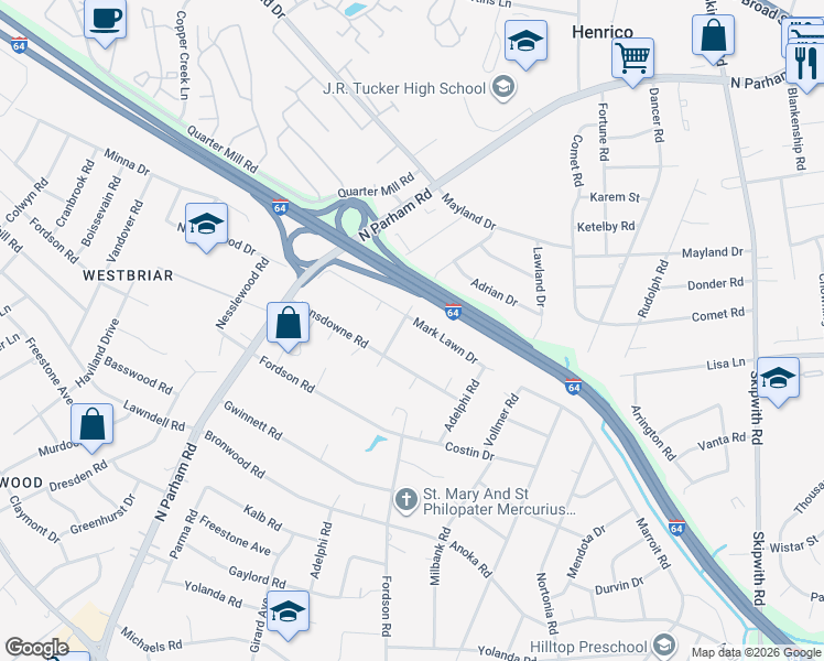 map of restaurants, bars, coffee shops, grocery stores, and more near 8323 Mark Lawn Drive in Henrico