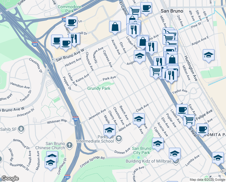 map of restaurants, bars, coffee shops, grocery stores, and more near 538 Beech Avenue in San Bruno
