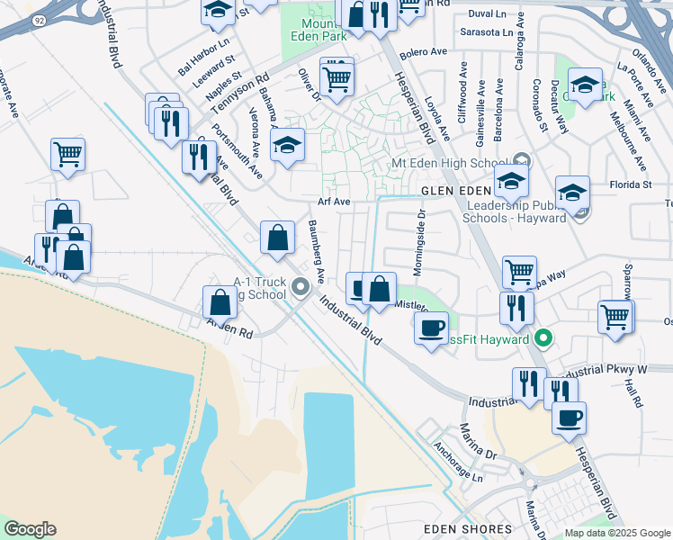 map of restaurants, bars, coffee shops, grocery stores, and more near 27945 Pueblo Calle in Hayward
