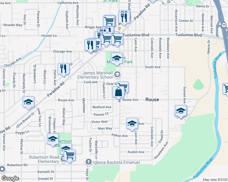 map of restaurants, bars, coffee shops, grocery stores, and more near 618 Placid Lane in Modesto