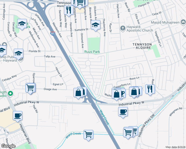 map of restaurants, bars, coffee shops, grocery stores, and more near 1463 Alcazar Avenue in Hayward