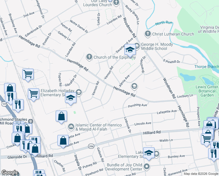 map of restaurants, bars, coffee shops, grocery stores, and more near 7803 Hermitage Road in Richmond