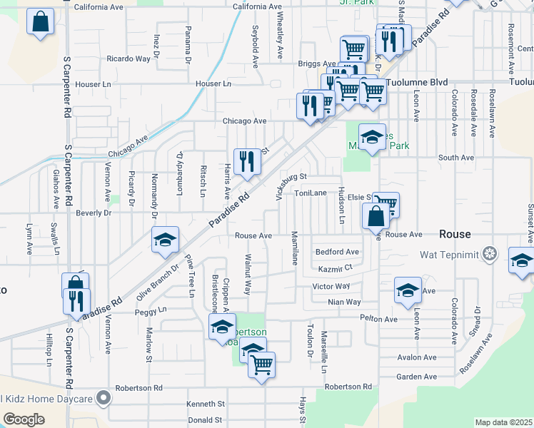 map of restaurants, bars, coffee shops, grocery stores, and more near 1738 Holcombe Way in Modesto