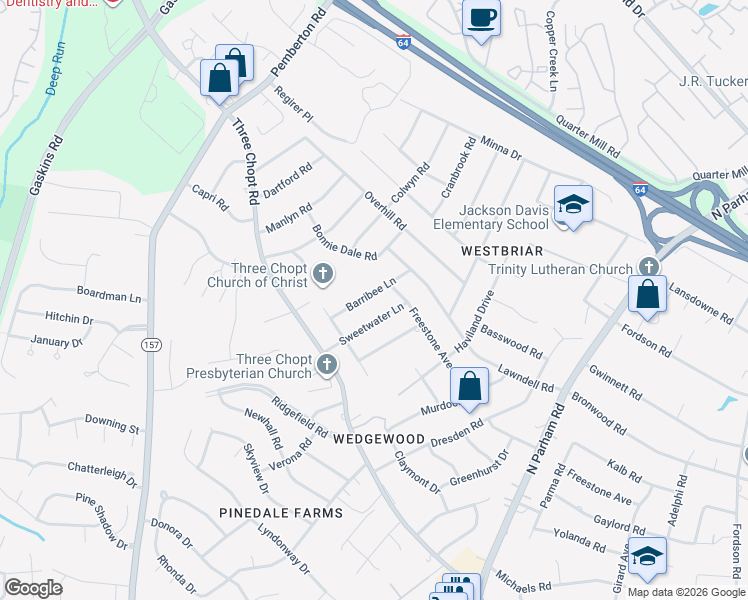 map of restaurants, bars, coffee shops, grocery stores, and more near 1913 Barribee Lane in Richmond
