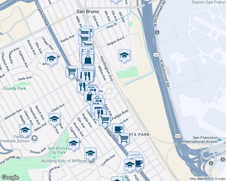 map of restaurants, bars, coffee shops, grocery stores, and more near 7 Terrace Avenue in San Bruno