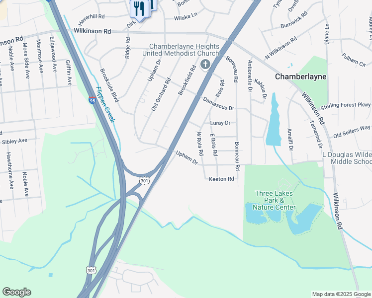 map of restaurants, bars, coffee shops, grocery stores, and more near 6 Upham Drive in Richmond