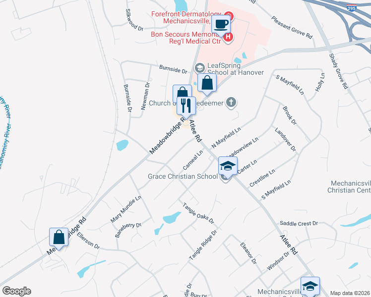 map of restaurants, bars, coffee shops, grocery stores, and more near 8281 Wonderland Lane in Mechanicsville