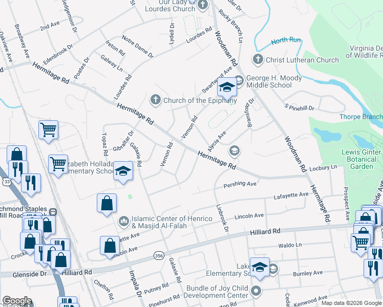 map of restaurants, bars, coffee shops, grocery stores, and more near 7803 Hermitage Road in Richmond