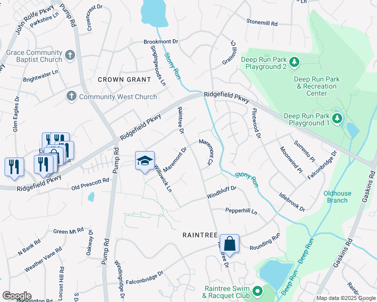 map of restaurants, bars, coffee shops, grocery stores, and more near 2019 Raintree Drive in Richmond